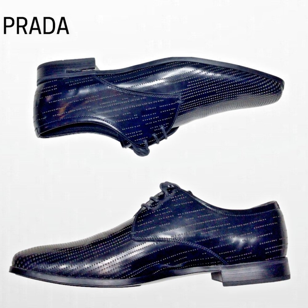 Prada Men's Black Perforated Leather Derby Oxford Dress Shoe Size 8 - Picture 4 of 8